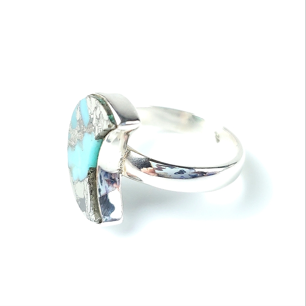 Sterling Silver Turquoise and Pyrite Crescent Moon Ring Size 7 - Picture 11 of 16